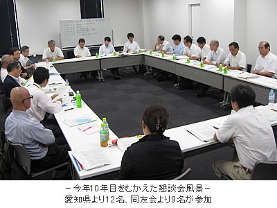 今年10年目をむかえた懇談会風景。愛知県より12名、同友会より9名が参加
