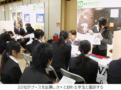 22社がブースを出展し次々と訪れる学生と面談する