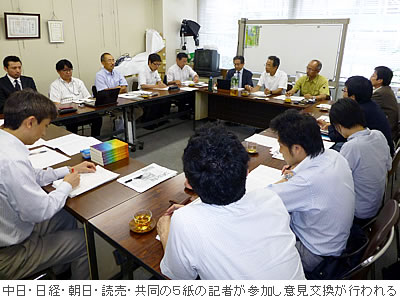 中日・日経・朝日・読売・共同の5紙の記者が参加し意見交換が行われる