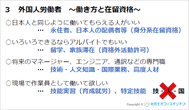 外国人のさまざまな在留資格(長田氏の資料より)